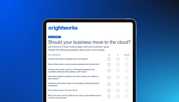 Tablet displaying a Rightworks webpage with a checklist titled “Should your business move to the cloud?” on a blue gradient background