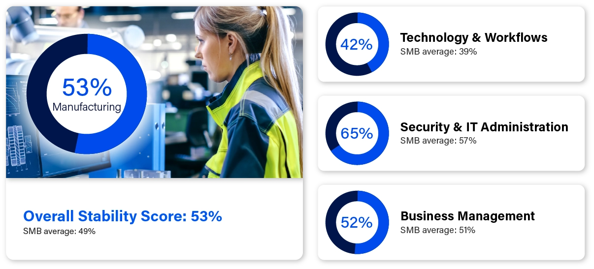 Business stability image referencing overall stability score and scores for technology & workflows, security & IT administration, and business management.