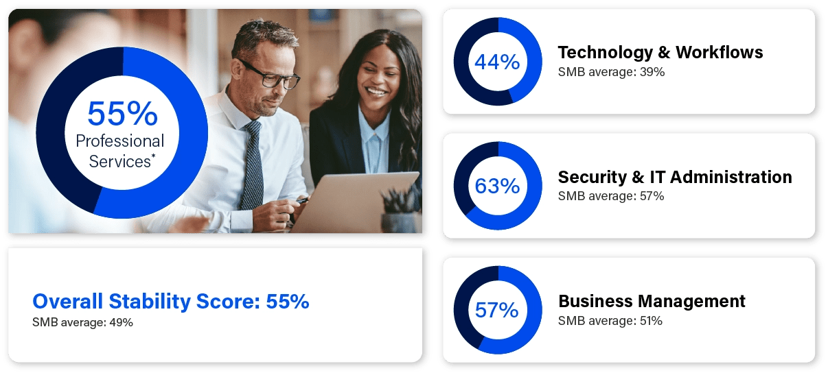 Dashboard showing professional services stability metrics, including a 55% overall stability score with breakdowns for Technology & Workflows (44%), Security & IT Administration (63%), and Business Management (57%), alongside an image of professionals working at a laptop.