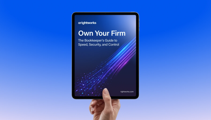 Tablet showing ebook cover entitled "Own Your Firm: The Bookkeeper's Guide to Speed, Security, and Control"