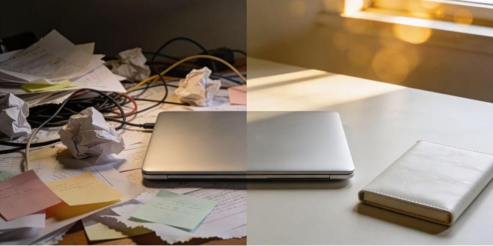 Before and after productivity concept: chaotic messy desk with cables and crumpled paper vs clean minimal workspace with laptop and notebook