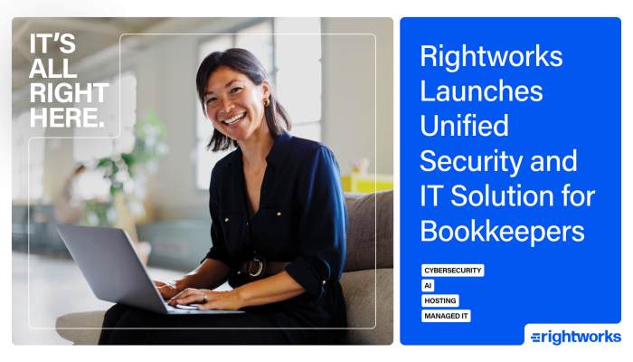 Smiling person using laptop beside “Rightworks Launches Unified Security and IT Solution for Bookkeepers” banner with cybersecurity, AI, and hosting labels.