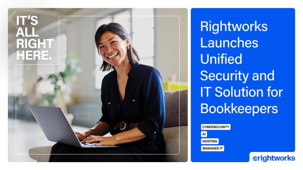 Smiling person using laptop beside “Rightworks Launches Unified Security and IT Solution for Bookkeepers” banner with cybersecurity, AI, and hosting labels.
