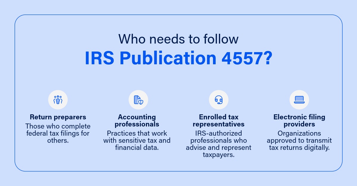 Graphic with Who needs to follow IRS publication 4557 - Return preparers, accounting professionals, enrolled tax reps, e-file providers