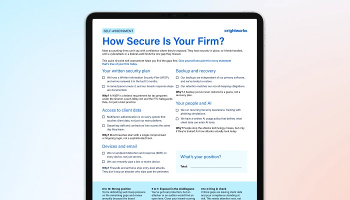 Tablet displaying a “How Secure Is Your Firm” cybersecurity self-assessment.