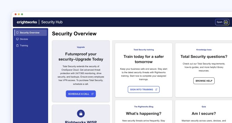 Rightworks Security Hub dashboard showing a security overview
