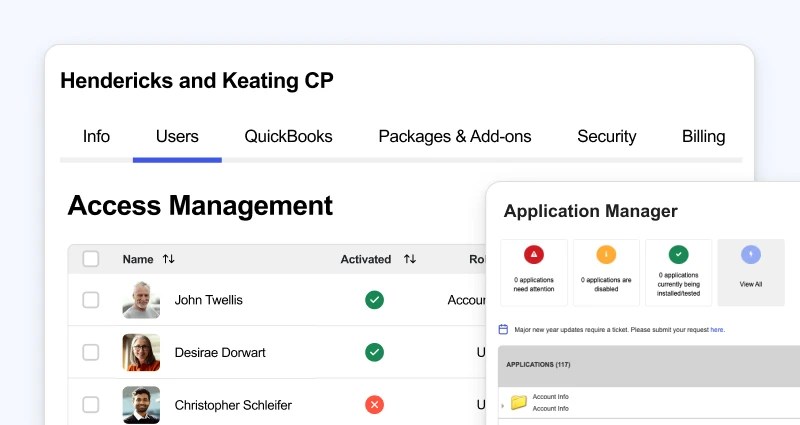 Access Management dashboard showing user accounts and an Application Manager panel with application status indicators.