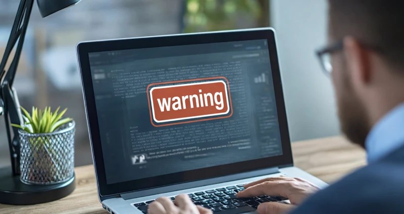 Laptop screen displaying a warning message over code, with a person working at a desk.