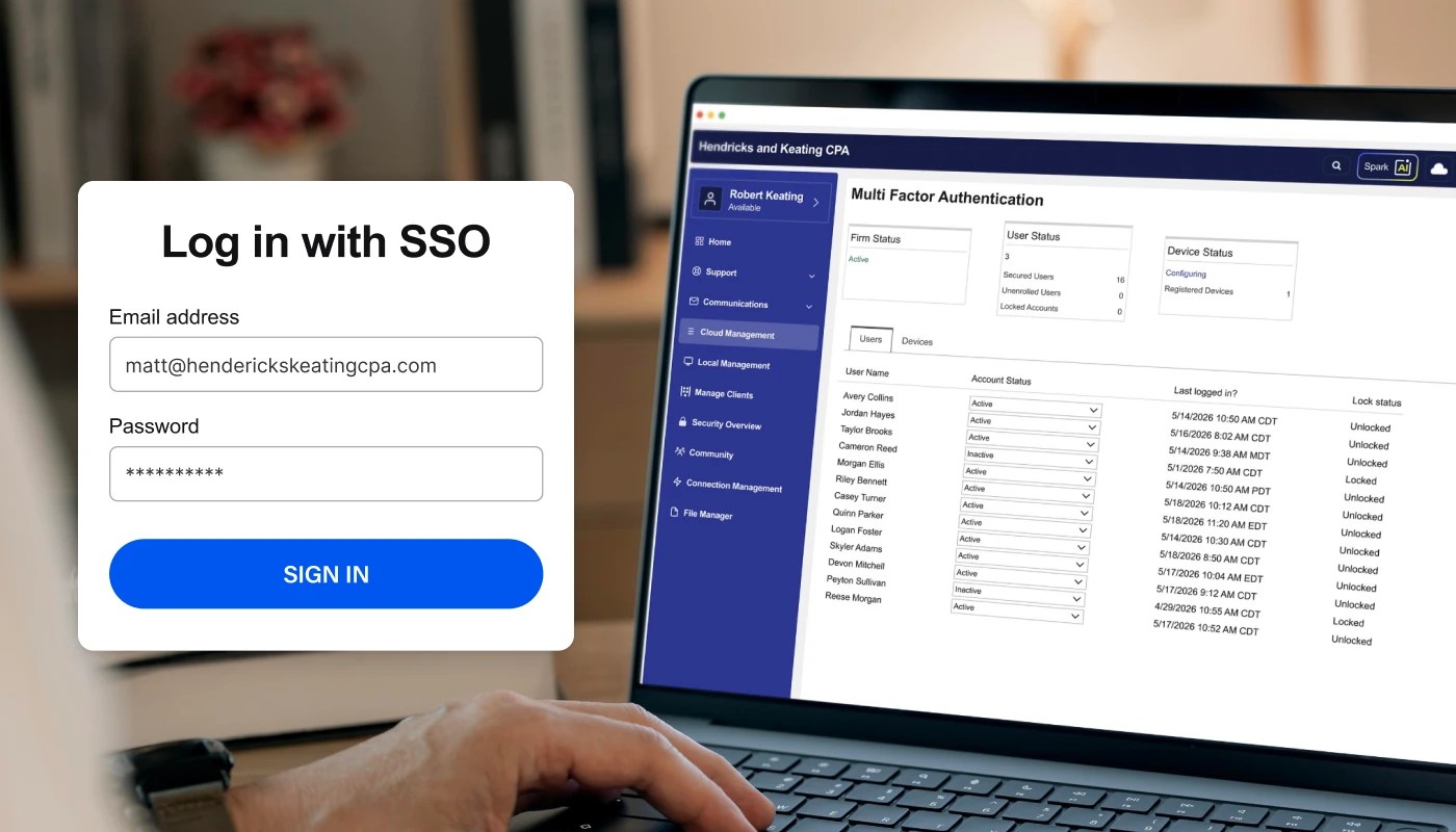 SSO login form with email and password fields beside a Multi Factor Authentication management dashboard.