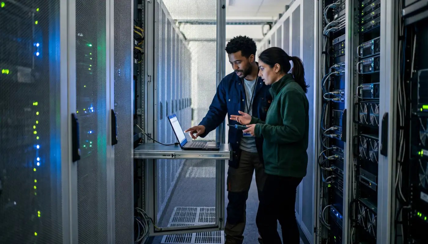 Two people reviewing information on a laptop between server racks in a data center.