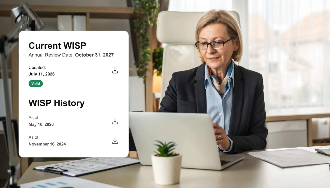 Current WISP dashboard showing review dates, document history, and download options beside a person using a laptop.