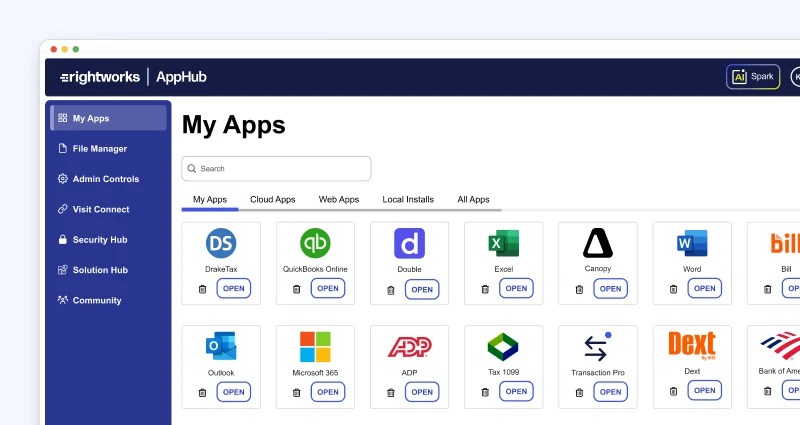 Rightworks AppHub dashboard showing My Apps, with various app logos