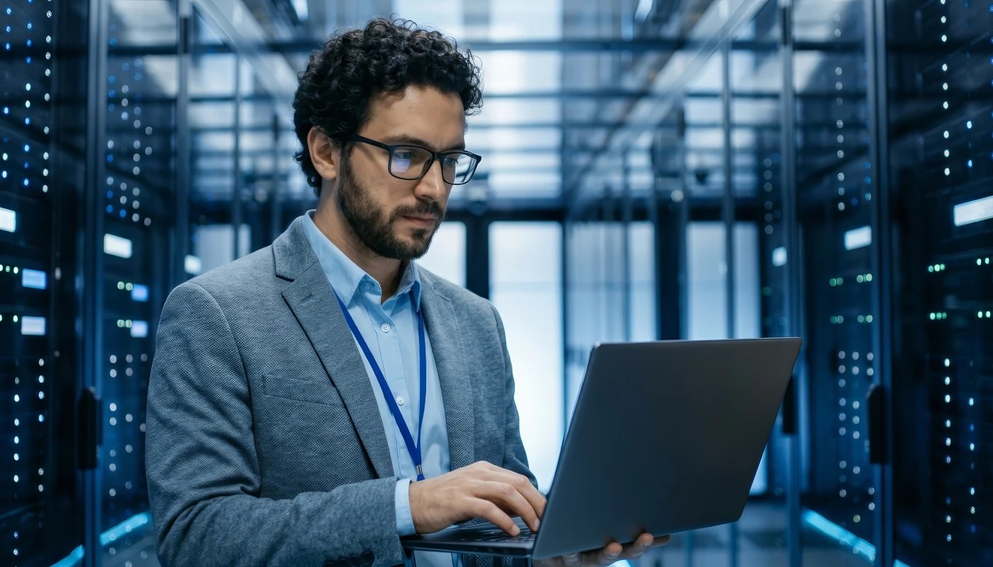 Person on a laptop surrounded by server racks