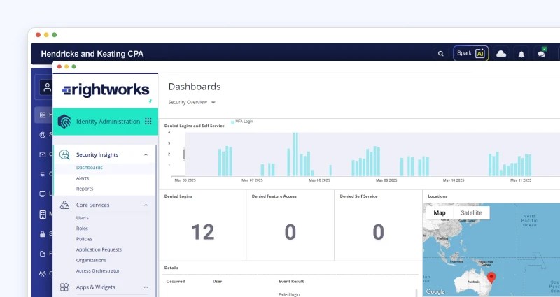 Rightworks identity administration dashboard showing security statistics