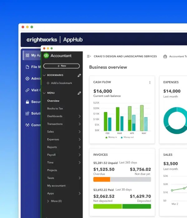 Rightworks AppHub with QuickBooks Accountant screen superimposed