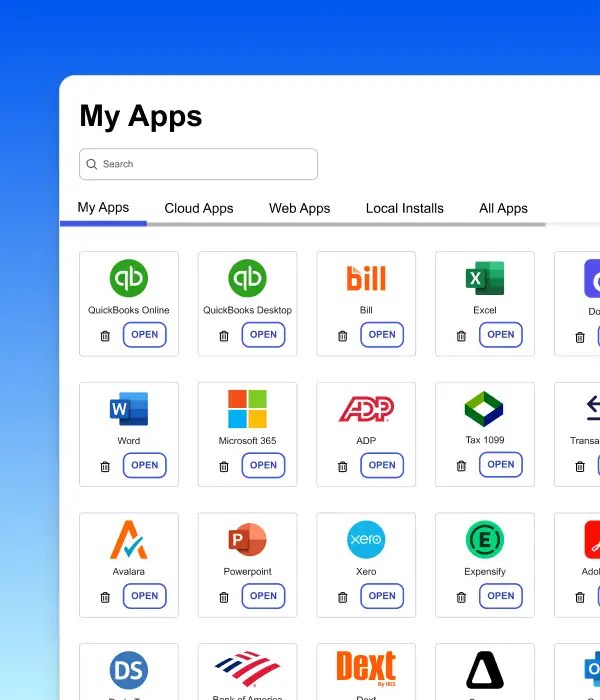 My apps dashboard showing numerous apps, including QuickBooks Online, Bill, Microsoft Word, and others