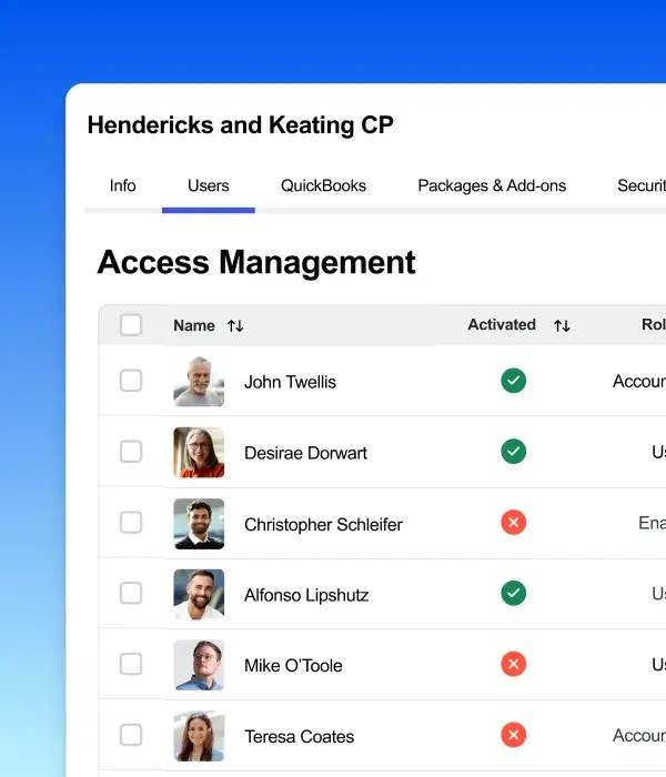 Access management dashboard showing a list of users