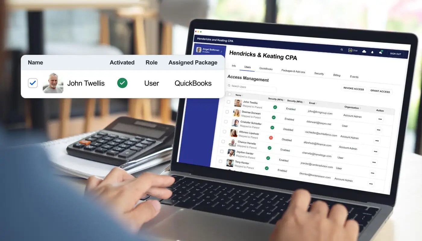 Laptop showing user access management dashboard and one user's information in the foreground