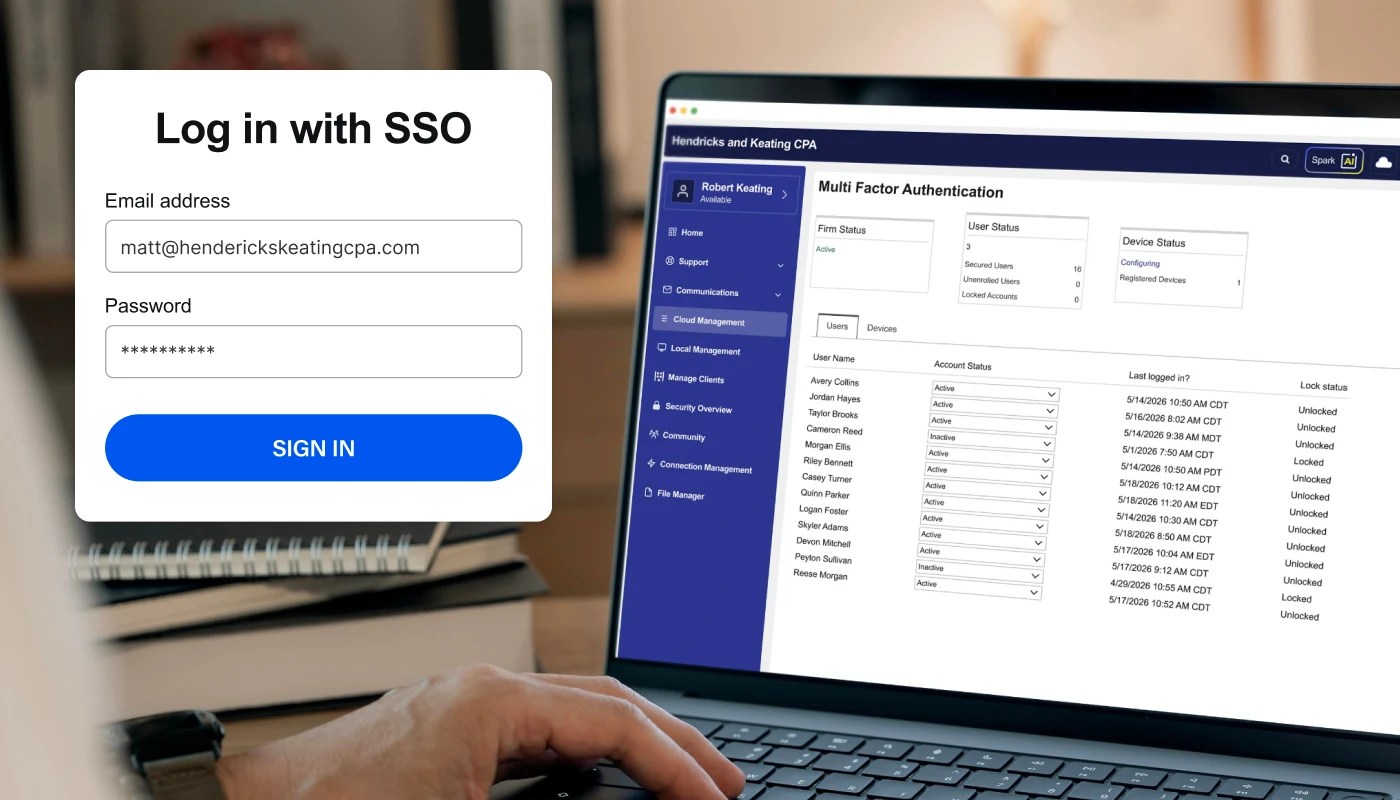 Laptop showing multi-factor authentication screen with SSO login in the foreground